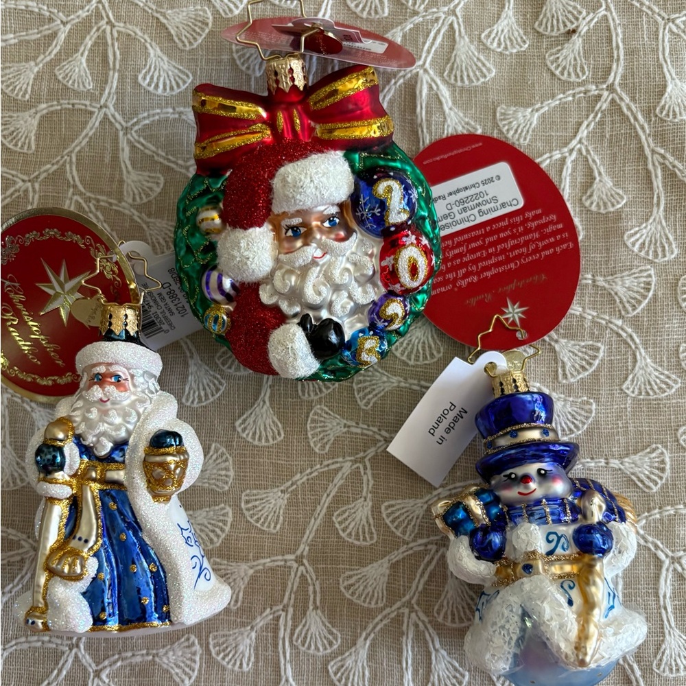 Christopher Radko Santa and Snowman Ornament Trio - Red, Blue, Gold